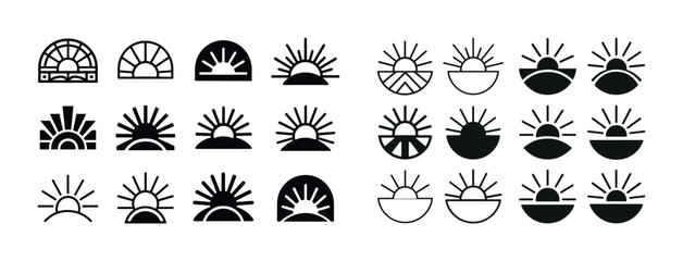 Collection of minimalist black and white sunrise icons