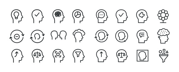 Minimalist head outline icons for creativity and decision-making concepts
