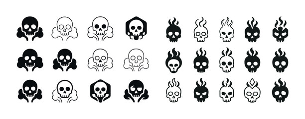 Diverse skull icon set featuring flames and hexagon designs