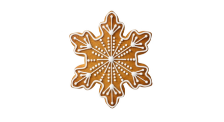Gingerbread snowflake cookie with png isolated transparent background white icing decoration on black background