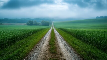 Long dirt road through lush green fields under a moody, overcast sky