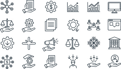 Business analysis and legal justice icon set featuring scales of equity financial growth charts and organizational network symbols.