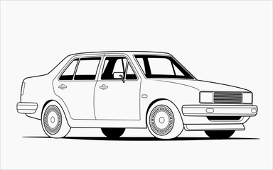 Fototapeta premium Black and white outline of classic sedan car vector illustration, isolated on white background, ideal for automotive design, coloring book, retro concept, and transportation themes.