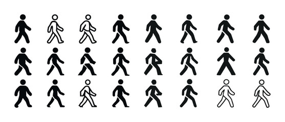 Stylized walking figure icons in diverse positions and styles
