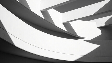 Abstract black and white architectural detail with curved walls and dramatic geometric shadows.