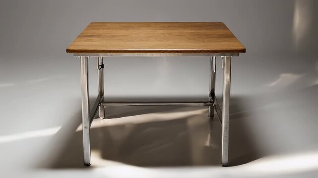 A square table, composed of wood and metal, sits centered against a solid grey background. The wooden top has visible grain