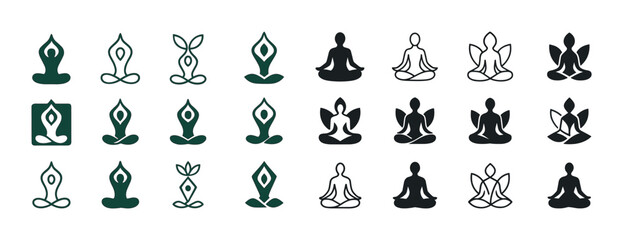 Collection of yoga and meditation icons in different styles