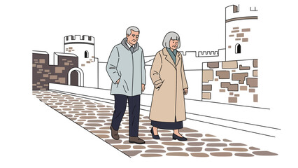 Senior Couple Enjoying A Walk On Cobblestone Street Near An Ancient Castle