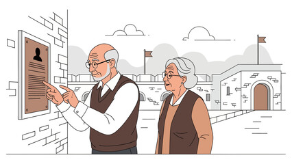 Senior Couple Exploring Historical Site Reading Plaque On Stone Building Wall