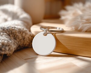 Blank white circular keychain mockup resting on a light wooden surface with soft natural light creating long shadows perfect for branding and personalized designs