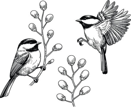 Detailed Black and White Line Art vector of Chickadees Perched and Flying Near Budding Branches