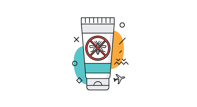 Modern flat line icon of mosquito repellent cream in a tube, a travel essential for protection against insect bites and diseases.