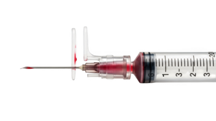 Medical syringe with red liquid and needle on png isolated transparent background black background health