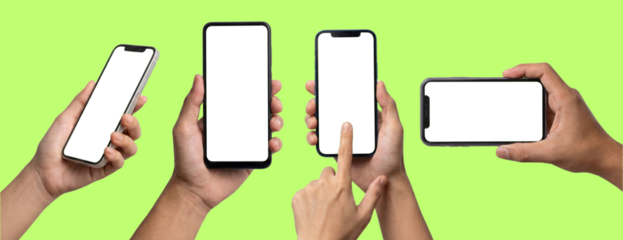 Hands holding smartphones with green screen mockup on solid background
