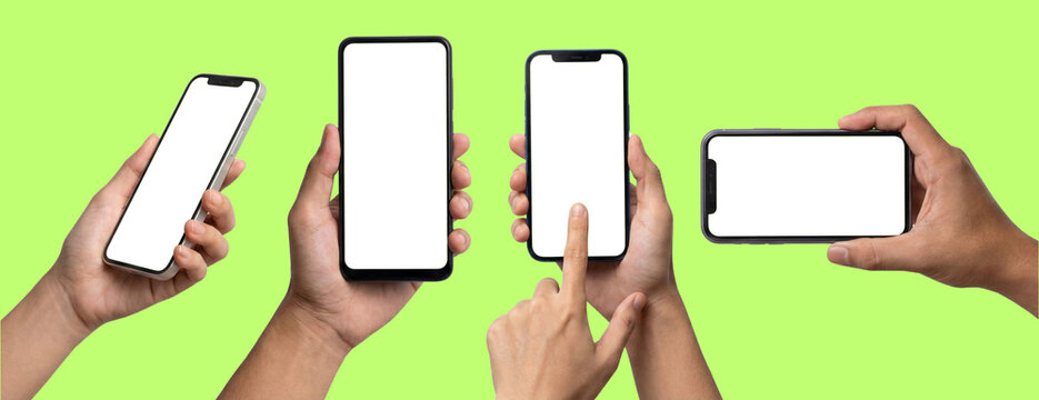 Hands holding smartphones with green screen mockup on solid background - Powered by Adobe