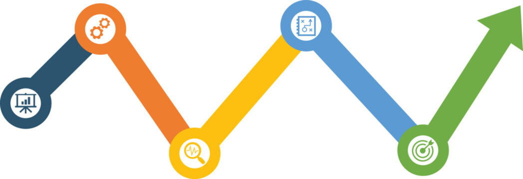 colorful zigzag line graph with circular node points showing data trend fluctuation and business analytics progression illustration design.