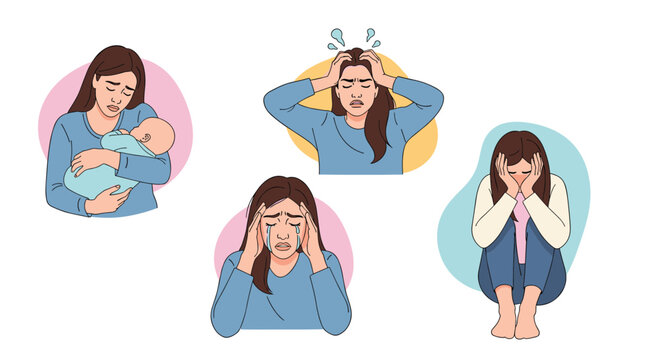 Set of illustrations depicting a woman experiencing postpartum depression, showing sadness, anxiety, stress, and exhaustion.