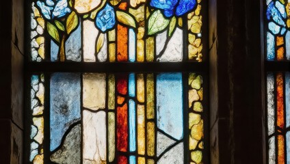 Floral Stained Glass Window with Vibrant Colors and Intricate Design.