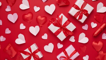 Gifts Arranged on a Red Background With Heart Decorations for a Celebration Event or Special Occasion