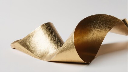Elegant gold ribbon curl on white background, luxurious and shiny.