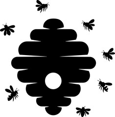 Beehive with Flying Bees silhouette vector illustration