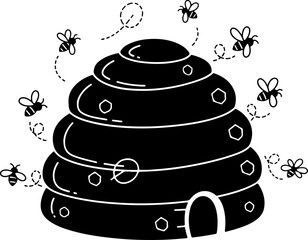Beehive with Flying Bees silhouette vector illustration