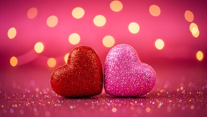 Obraz premium Glittery red and pink hearts on sparkling background with warm bokeh lights
