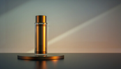 flacon de parfum ou cosm&eacute;tique dor&eacute; et socle moderne, sous un rayon de lumi&egrave;re