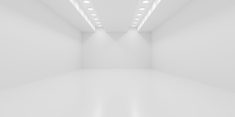 Empty white room or gallery background with two rows of spotlights in the center
