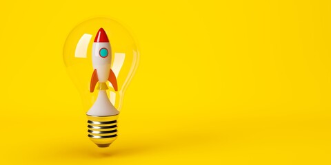 Toy rocket inside light bulb on yellow background, startup or innovation concept