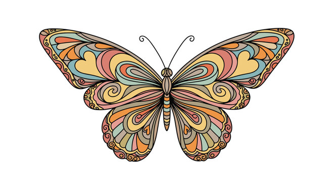Beautifully detailed butterfly illustration with intricate patterns and swirls in a soft, vintage color palette of pastel tones.