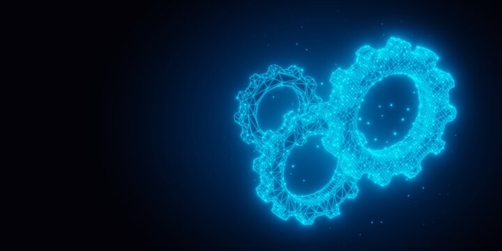 Three blue glowing low-poly wireframe gears or cogwheels on black background with copy space, technolgy, software engineering or business background concept