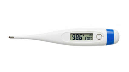 Png isolated transparent background White digital thermometer with blue accents displaying 98.6 degrees Fahrenheit and 37.0 degrees Celsius on black background