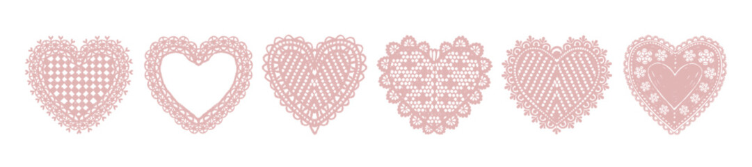 Plakat Elegant lace hearts, hand drawn romantic delicate frame set, retro doodle Valentine day design print. Wedding invitation greeting background, holiday soft napkin shapes. Lace hearts February border