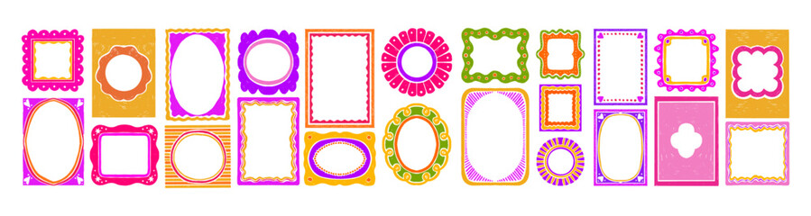 Cute doodle frames, hand drawn groovy cartoon border set, colorful ornamental wavy abstract shapes. Holiday geometric trendy decoration, empty square oval rectangle box. Kids doodle frame background