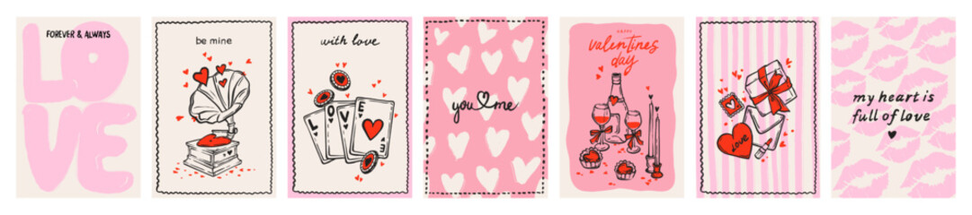 Love poster collection Valentine day hand drawn doodle greeting cards, romantic holiday banner print. Cute modern February party invitation graphic, lips kiss, heart shape. Pink love poster collection