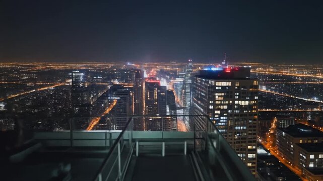 Nighttime cityscape from a high vantage point, showcasing the illuminated urban landscape and distant city lights.
