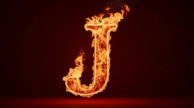A large flaming letter j on fire with orange and yellow flames against a dark background