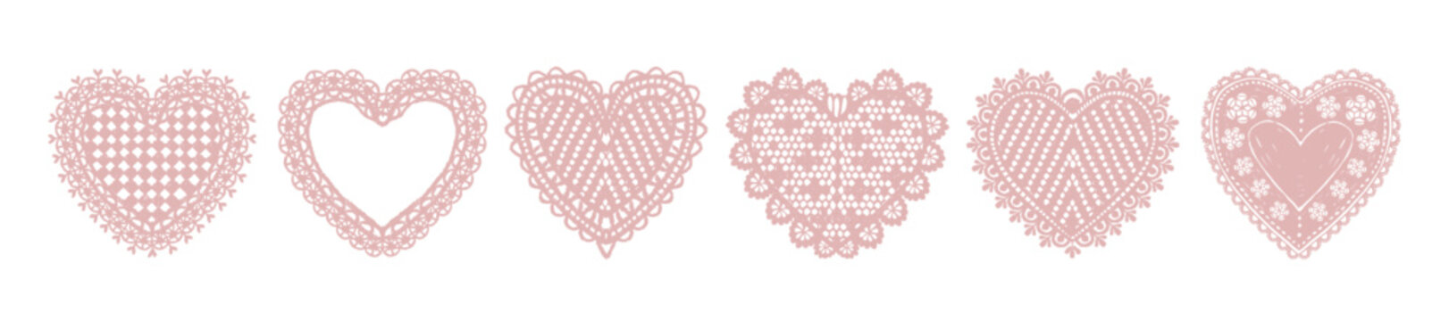 Elegant lace hearts, hand drawn romantic delicate frame set, retro doodle Valentine day design print. Wedding invitation greeting background, holiday soft napkin shapes. Lace hearts February border