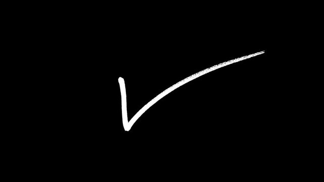 Minimalist hand drawn white check mark animation on black background symbolizing success approval and task completion for professional business presentations and educational videos.
