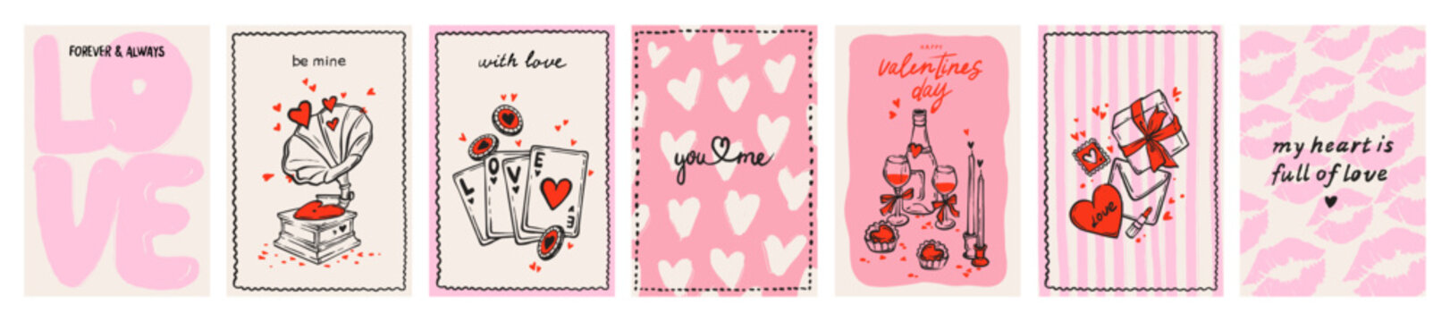 Love poster collection Valentine day hand drawn doodle greeting cards, romantic holiday banner print. Cute modern February party invitation graphic, lips kiss, heart shape. Pink love poster collection