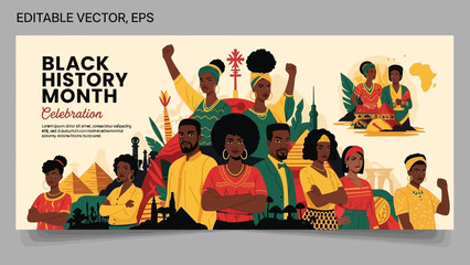Black history month celebration banner with diverse african American people and historical landmarks promoting heritage and empowerment
