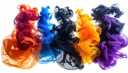 Colorful, wispy smoke plumes drift and swirl, merging vibrant hues in an abstract, dynamic composition on a white background