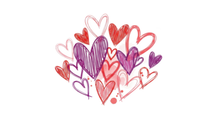 Hand drawn hearts in shades of pink and purple scattered on black background love