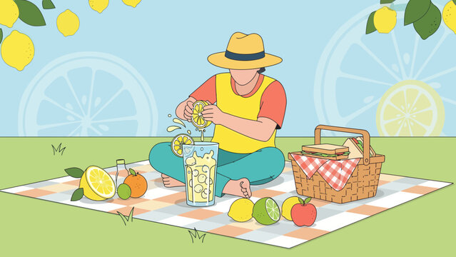 Refreshing Summer Picnic Scene With Homemade Lemonade And Fruit Outdoors