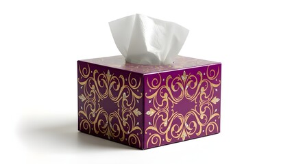Luxury Purple Tissue Box with Intricate Gold Scrollwork and Filigree Design Isolated on White for Sophisticated Interior Accents