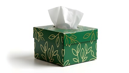 Elegant Green Tissue Box Featuring a Gold Leaf Pattern Isolated on a Clean White Background for Luxury Home Decor and Hygiene