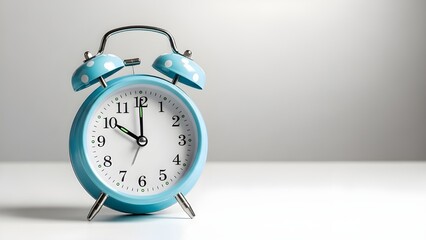 Classic Light Blue Alarm Clock with White Polka Dots Isolated on a Bright Neutral Background, Symbolic of Time Management and Morning Routine