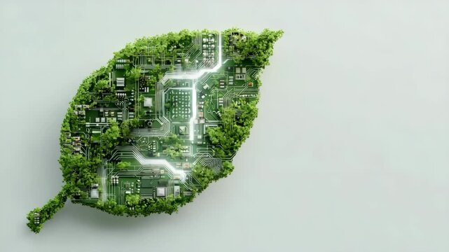 Innovative leaf-shaped design representing the integration of technology and the environment. The image combines natural elements with technological circuits.