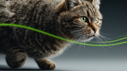Obraz premium Cat enthusiastically playing with a green string, showcasing its loyalty and tracking of customer engagement